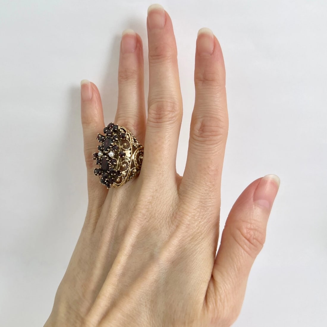 Vintage 1950's 1960's Garnet Pearl Cluster Cocktail Ring 14K Yellow Gold 13.85 G - 3