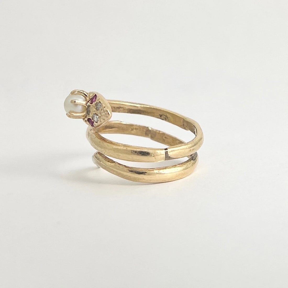 Antique Art Nouveau Snake Pearl Diamond Cocktail Ring 14K Yellow Gold, 7.01 Gr - 8