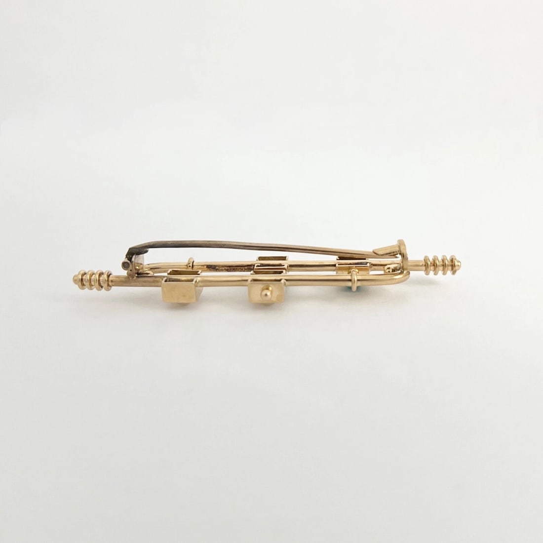 Antique Art Deco Long Cabochon Turquoise Pearl Brooch 14K Yellow Gold, 5.21 Gr - 8