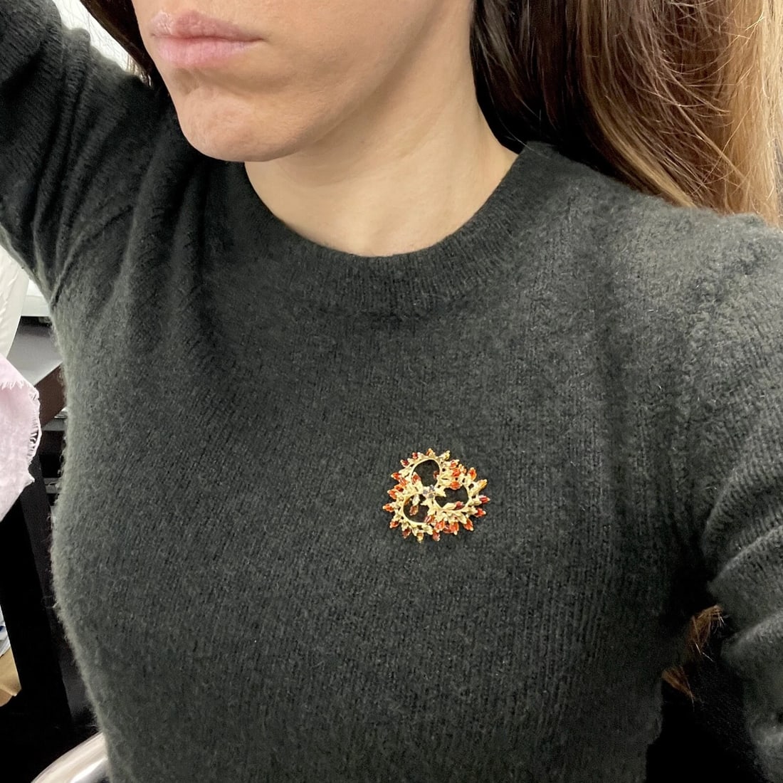 Vintage 1950's 1960's Sapphire Orange Enamel Brooch Pin 18K Yellow Gold 8.79 Gr - 4