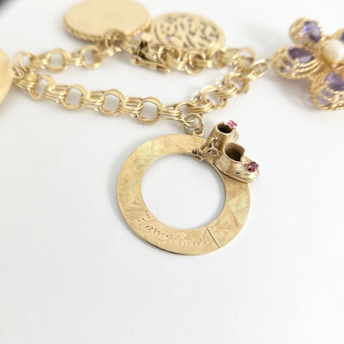 Vintage 1950's Flower Cupid Baby Shoes Charm Bracelet 14K Yellow Gold, 72.44 Gr - 9