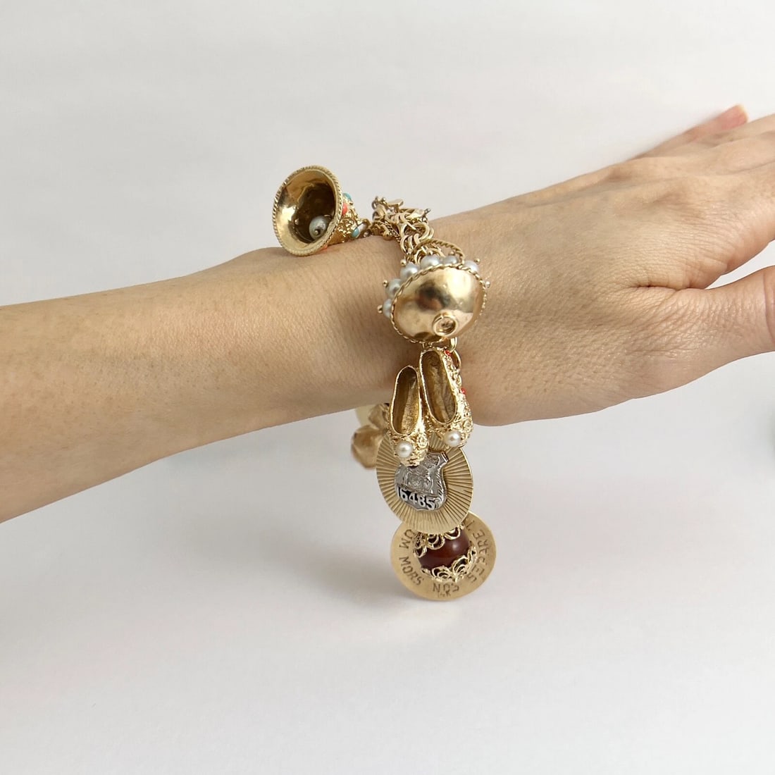 Vintage 1950's Pearl Shoes Hat Police Charm Bracelet 14K Yellow Gold, 59.27 Gram - 7