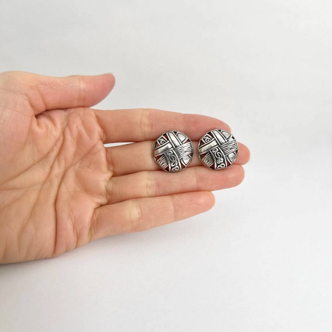 Vintage Round Textured Button Stud Earrings 925 Sterling Silver, 7.17 Grams - 3