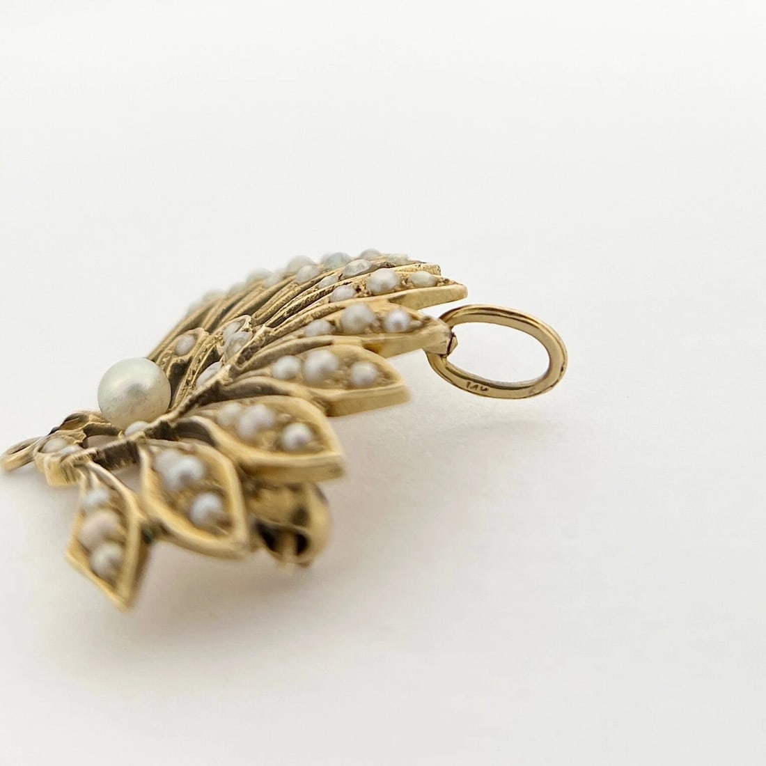 Vintage 1930's Seed Pearl Fan Brooch Pin Pendant 14K Yellow Gold, 7.19 Grams - 10