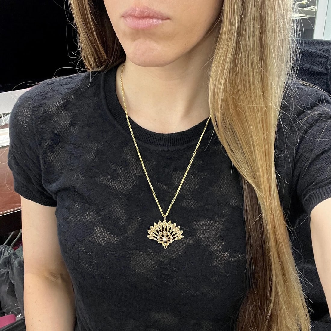 Vintage 1930's Seed Pearl Fan Brooch Pin Pendant 14K Yellow Gold, 7.19 Grams - 4