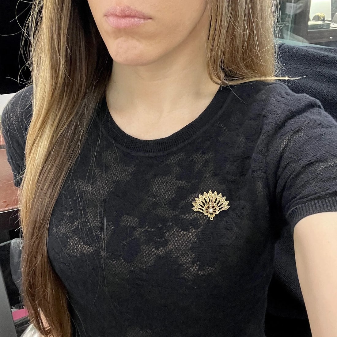 Vintage 1930's Seed Pearl Fan Brooch Pin Pendant 14K Yellow Gold, 7.19 Grams - 5