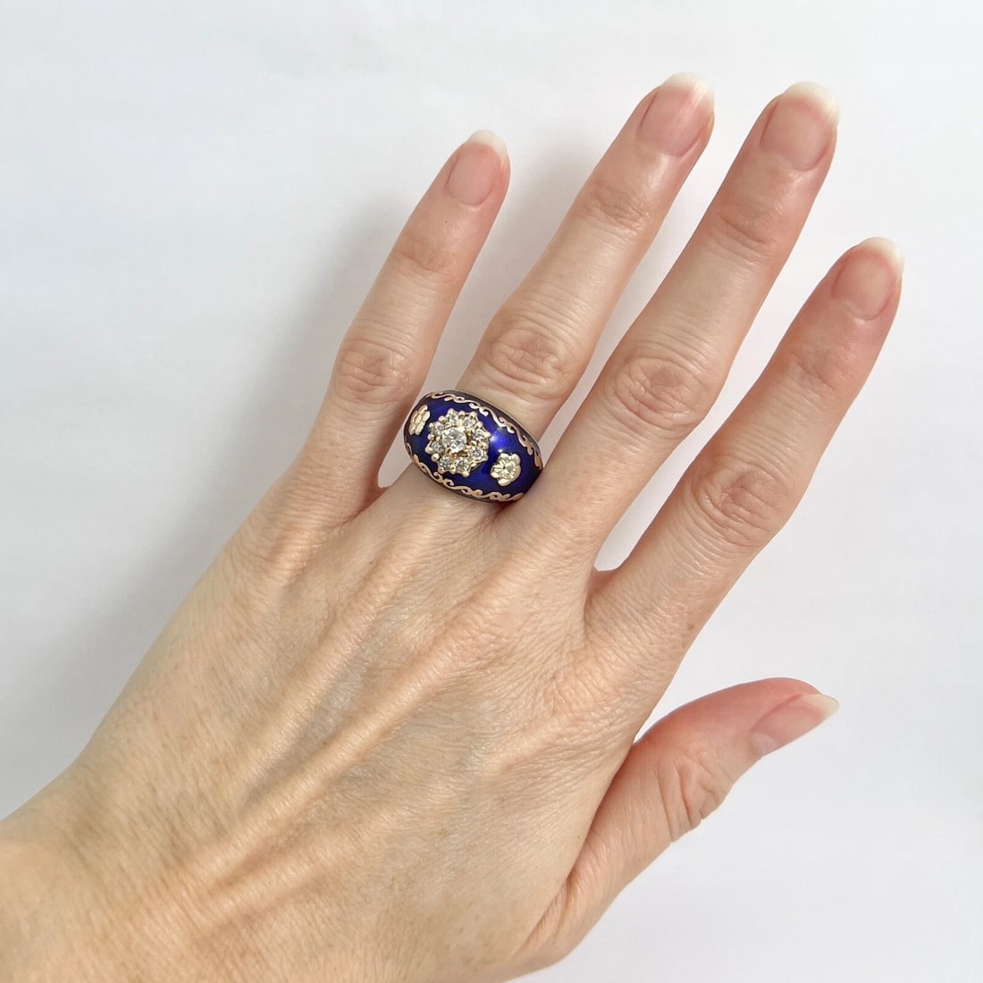 Vintage 1950's Blue Enamel Diamond Flower Cocktail Ring 14K Yellow Gold 11.15 Gr - 4