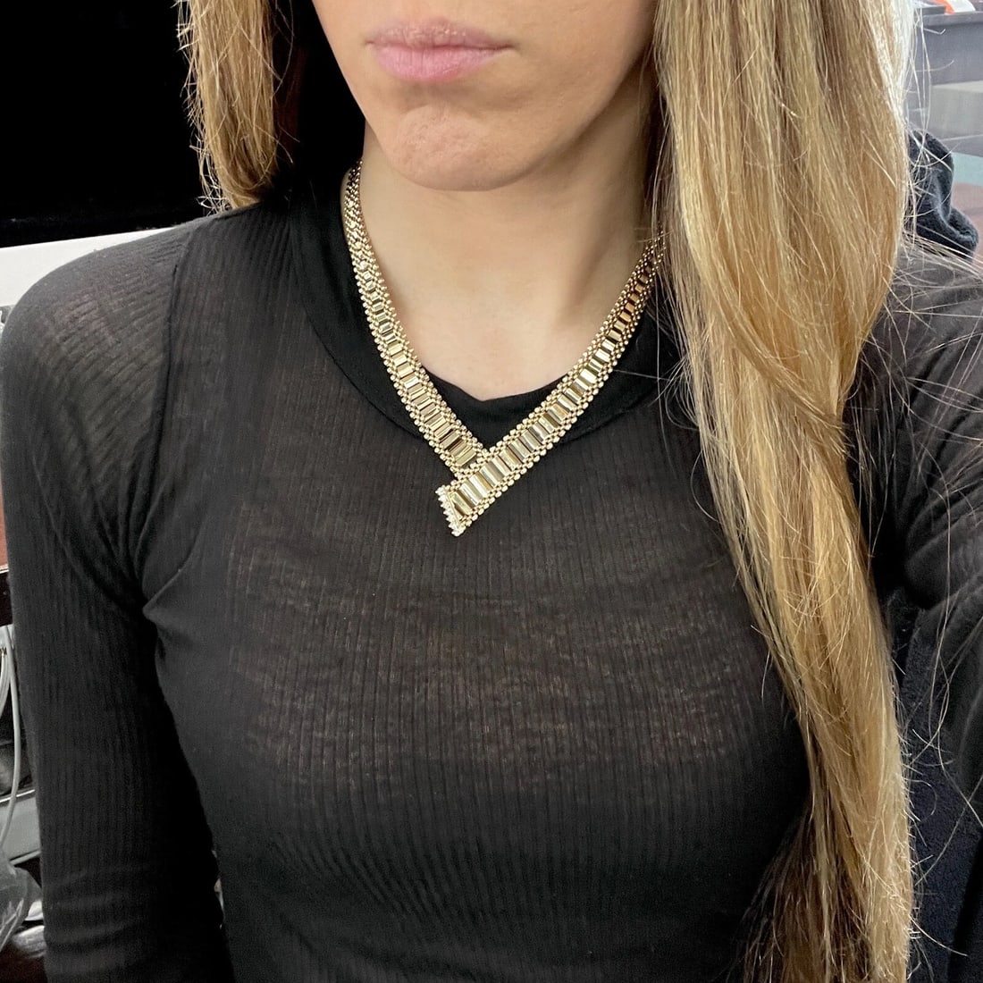 Vintage Diamond Fancy Link Chevron Necklace 14K Yellow Gold 28.50 Gr - 3