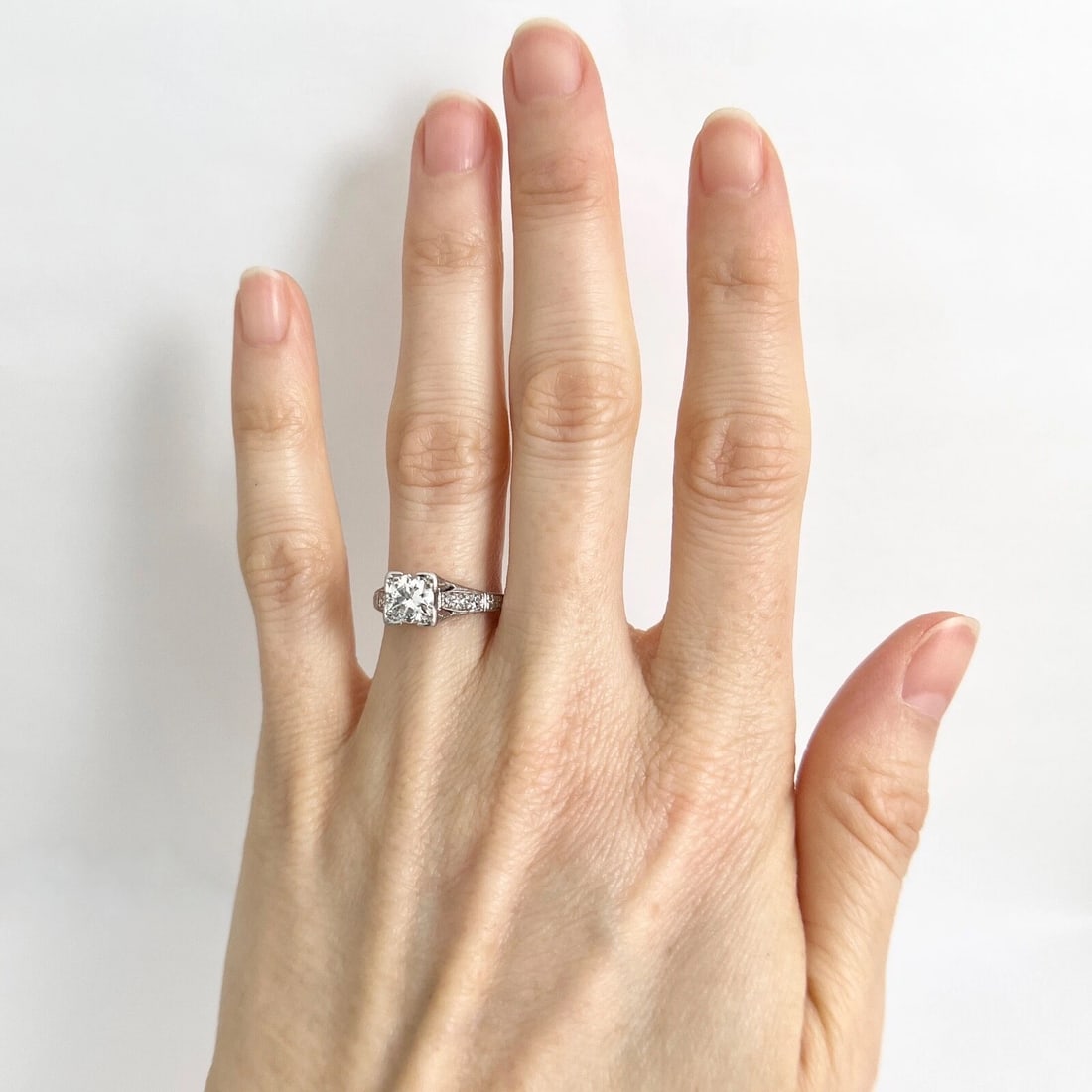 Vintage 1940's Etched Diamond Engagement Ring Platinum, .82 CTW, 3.40 Grams - 4