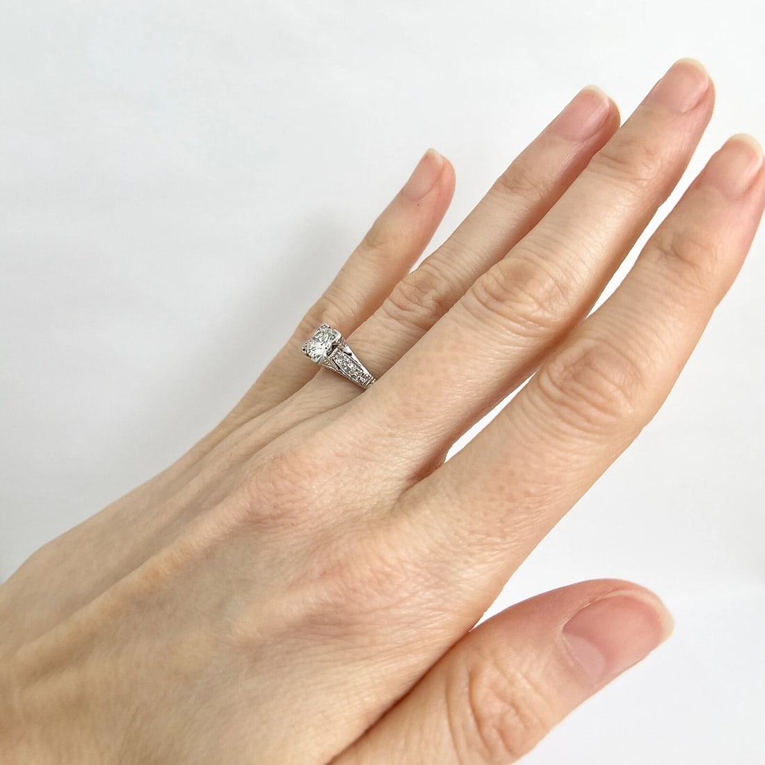 Vintage 1940's Etched Diamond Engagement Ring Platinum, .82 CTW, 3.40 Grams - 5