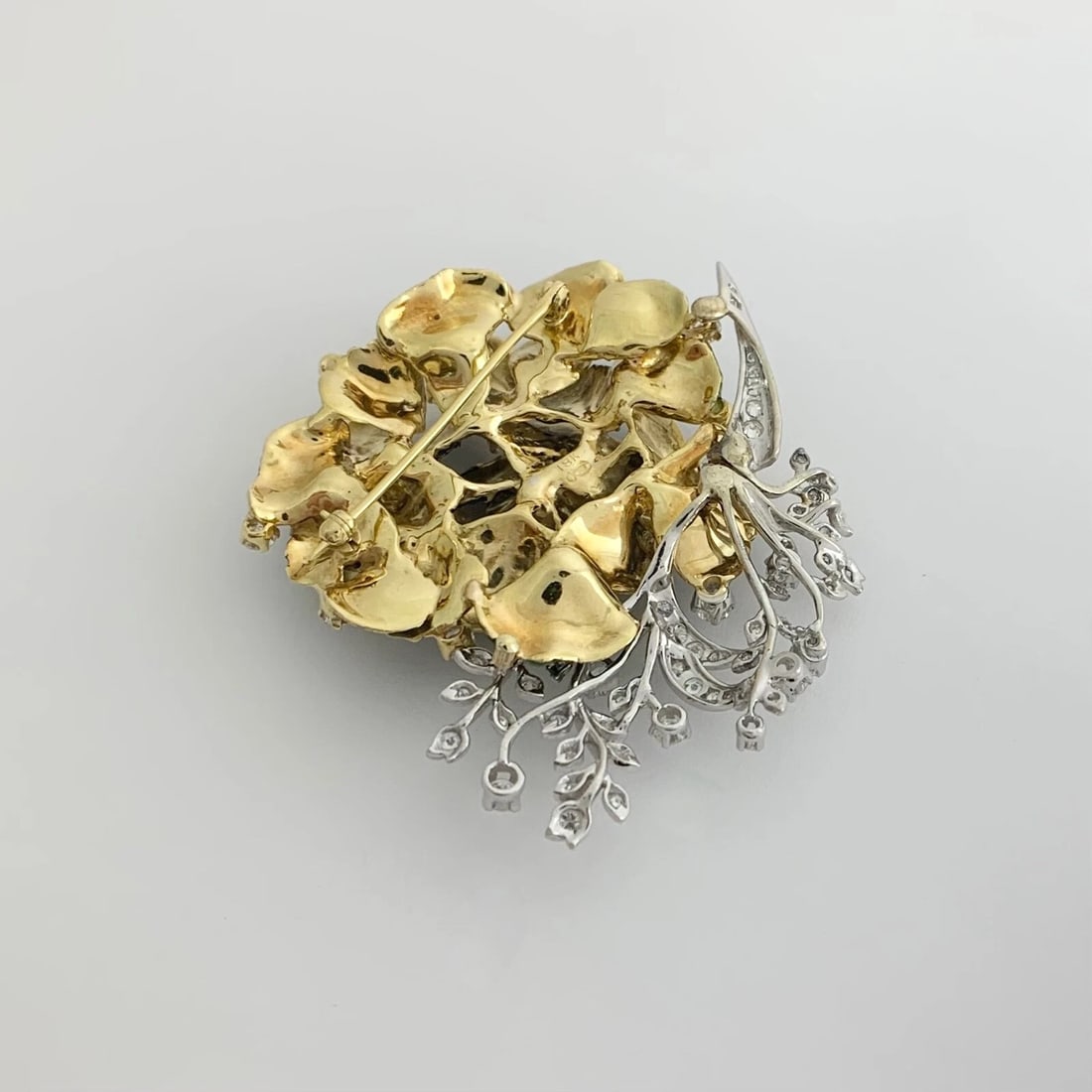 Vintage 1950's Blue Green Enamel Diamond Flower Brooch 18K Yellow Gold, 43.74 Gr - 8