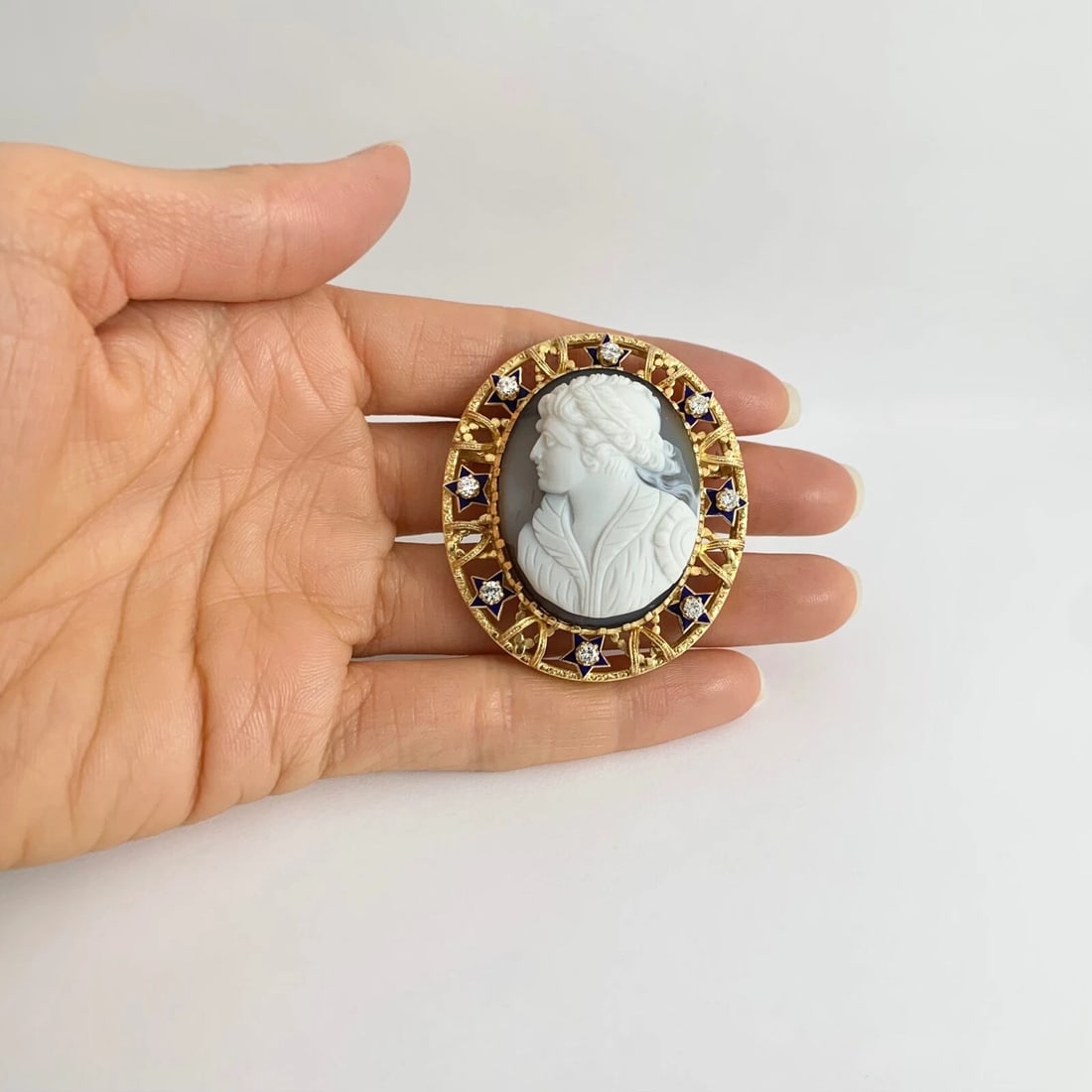 Vintage 1950's Cameo Diamond Blue Enamel Star Brooch Pin 12K Yellow Gold 28.84 G - 2