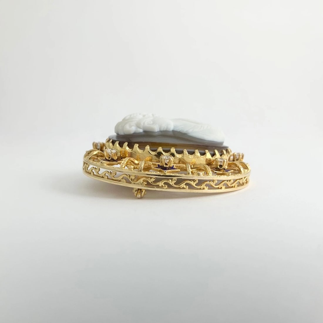 Vintage 1950's Cameo Diamond Blue Enamel Star Brooch Pin 12K Yellow Gold 28.84 G - 4