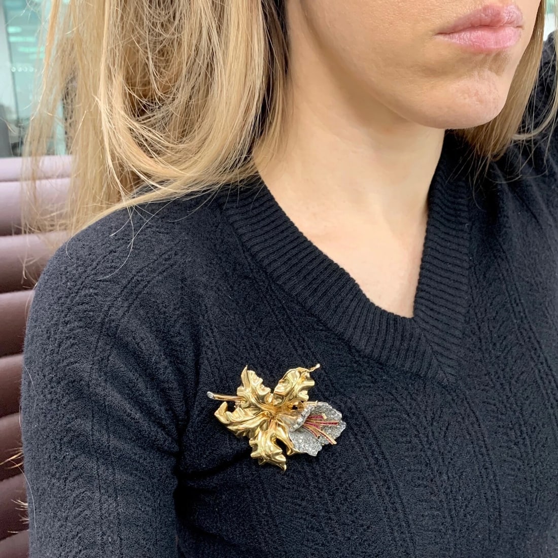 Antique Art Nouveau Diamond Ruby Flower Brooch Pin 18K Yellow Gold, 38.16 Gr - 3