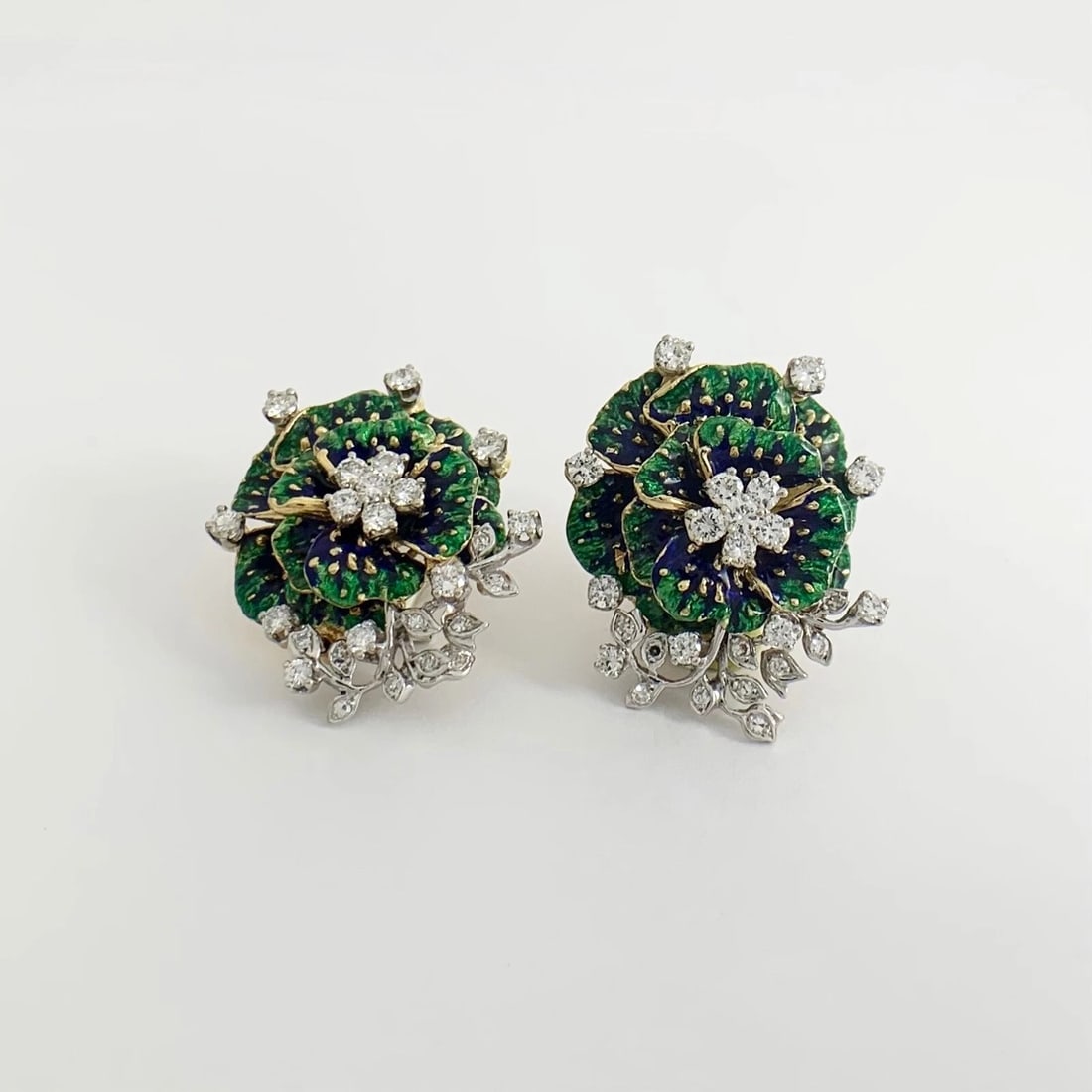 Vintage 1950's Blue Green Enamel Diamond Flower Earrings 18K Yellow Gold 28.40 G - 6