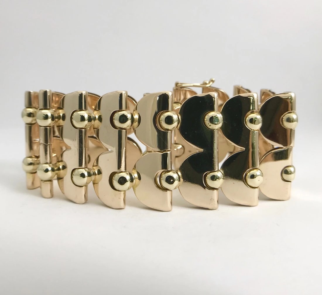 Vintage 1940's 1950's Wide Chain Link Bracelet 14K Yellow Gold, 7 Inch, 57.84 Gr - 7