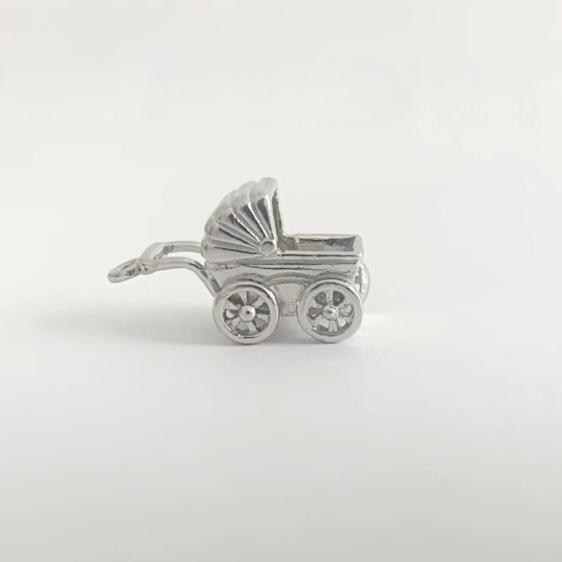 Vintage Baby Carriage Buggy Pram Bracelet Charm Pendant 14K White Gold, 3.61 Gr - 6