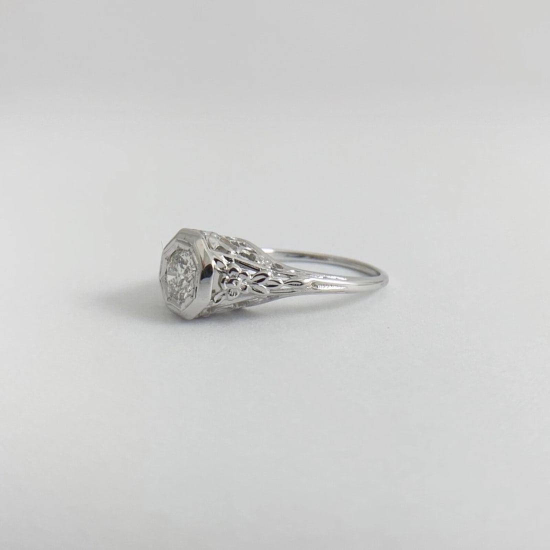 Antique Art Deco Round Diamond Filigree Engagement Ring 18K White Gold, 2.86 Gr - 10