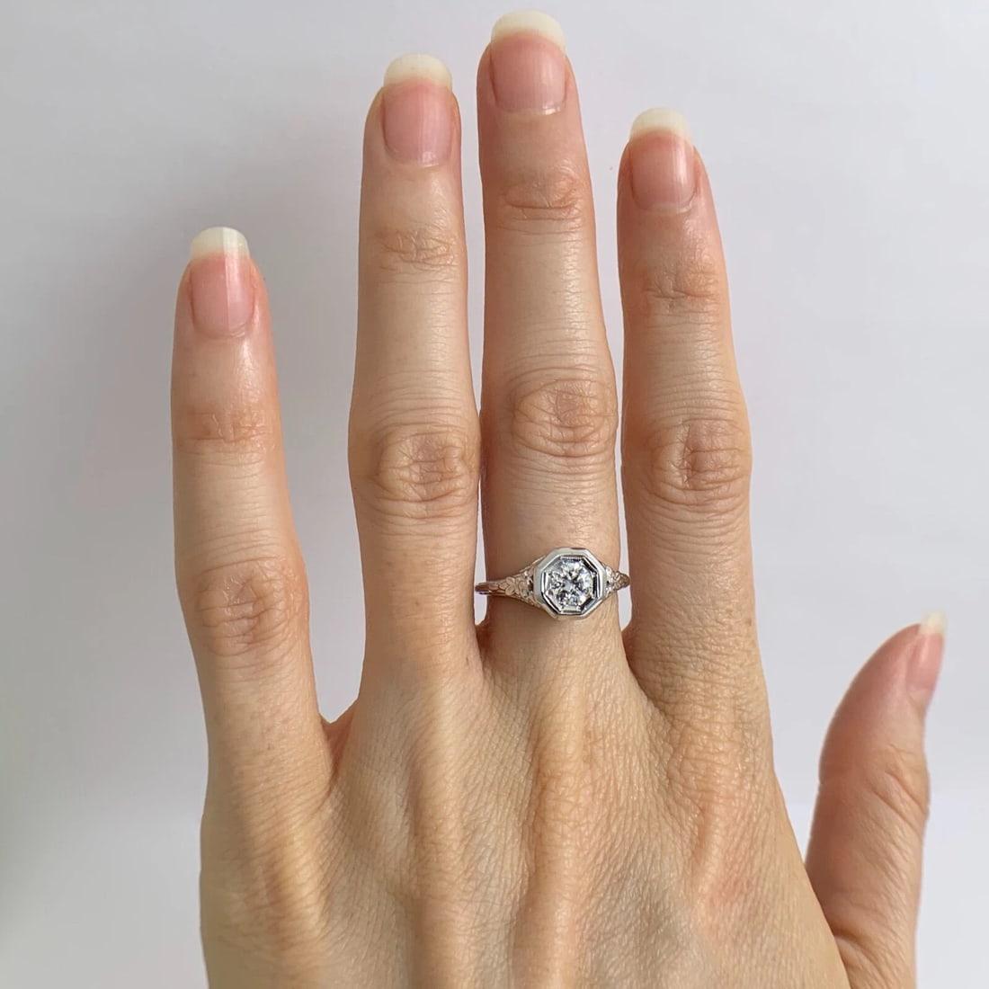 Antique Art Deco Round Diamond Filigree Engagement Ring 18K White Gold, 2.86 Gr - 2