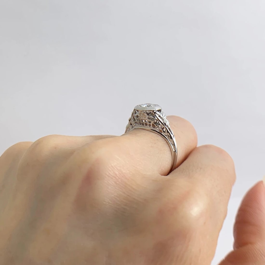 Antique Art Deco Round Diamond Filigree Engagement Ring 18K White Gold, 2.86 Gr - 5