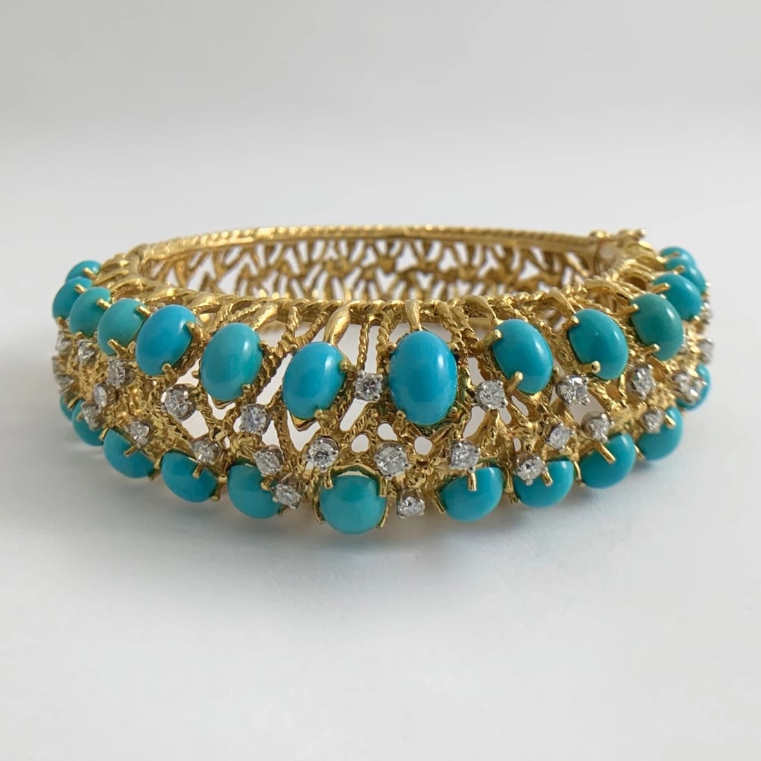 Vintage Cabochon Turquoise Diamond Bangle Bracelet 18K Yellow Gold, 73 Grams - 7