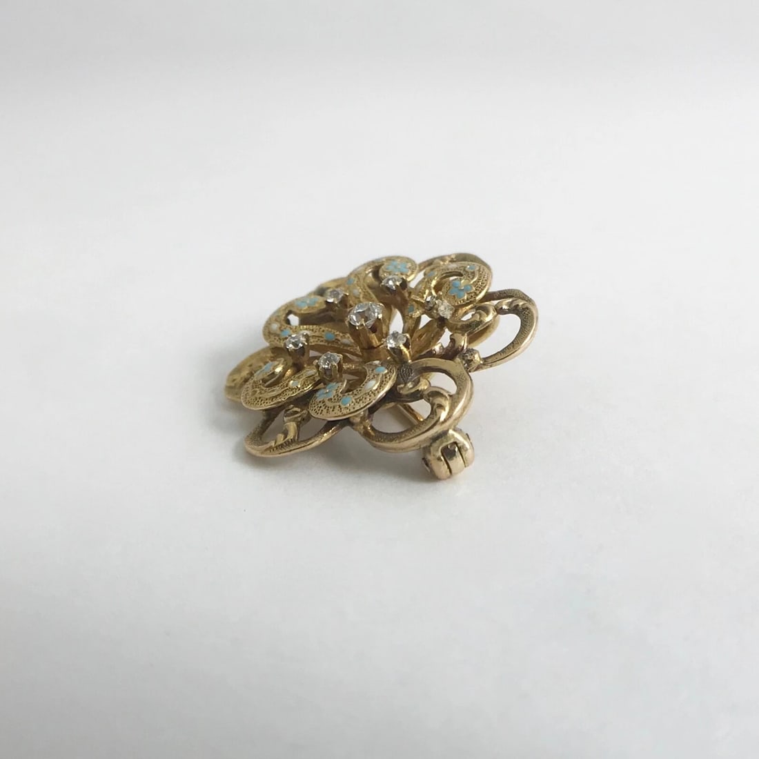 Antique Edwardian Diamond Turquoise Enamel Brooch Pin 20K Yellow Gold, 5.19 Gram - 10