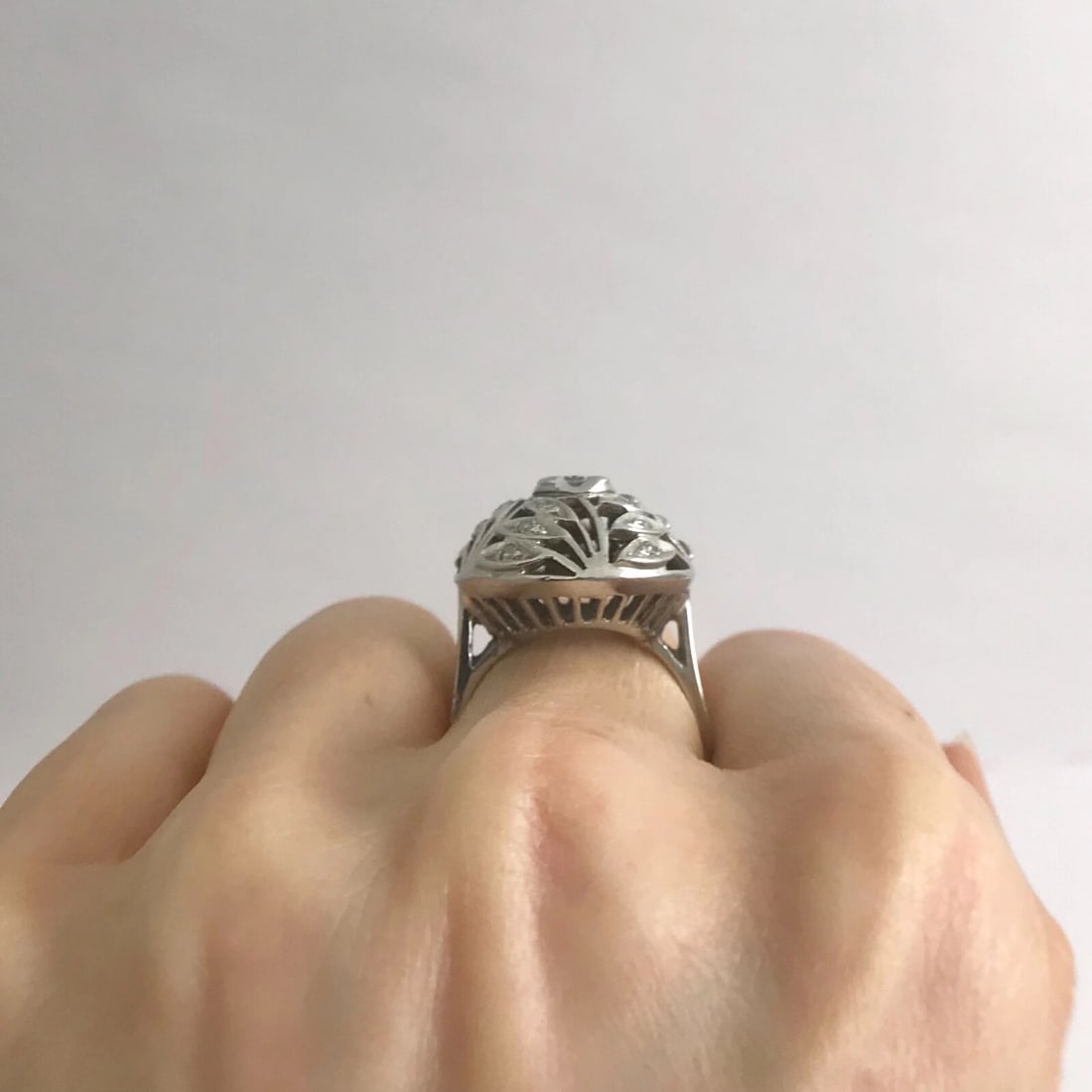 Vintage 1940's Diamond Filigree Dome Cocktail Ring 12K White Gold, 6.69 Grams - 6