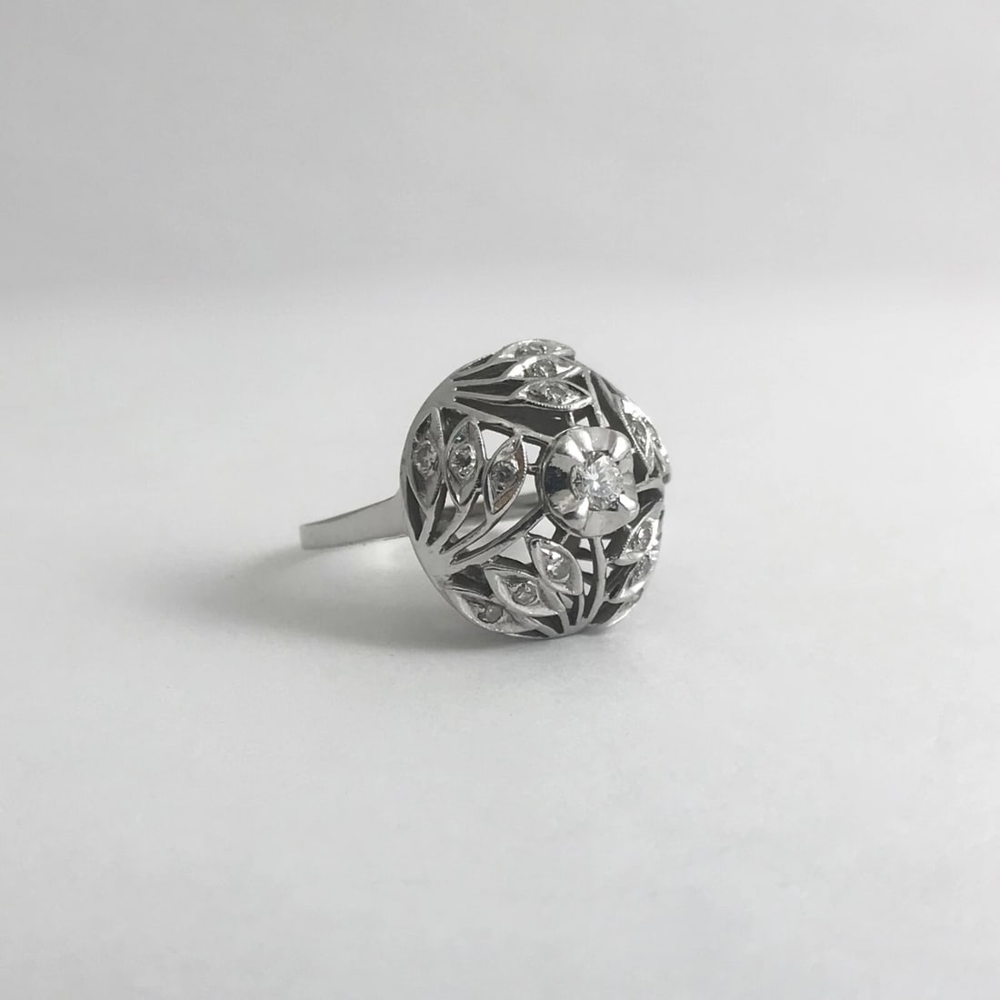 Vintage 1940's Diamond Filigree Dome Cocktail Ring 12K White Gold, 6.69 Grams - 8