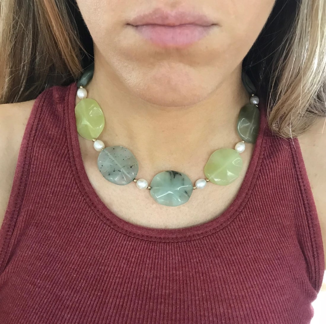 Vintage Green Jade Pearl Necklace 14K Yellow Gold, 15.5 Inches, 65.17 Grams - 3