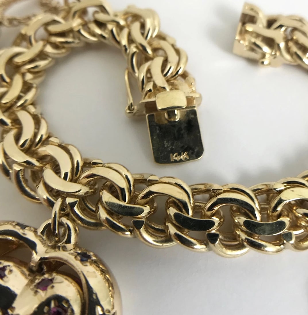 Vintage 1960's Pearl Dreamcatcher Heart Charm Bracelet 14K Yellow Gold, 81.9 Gr - 11