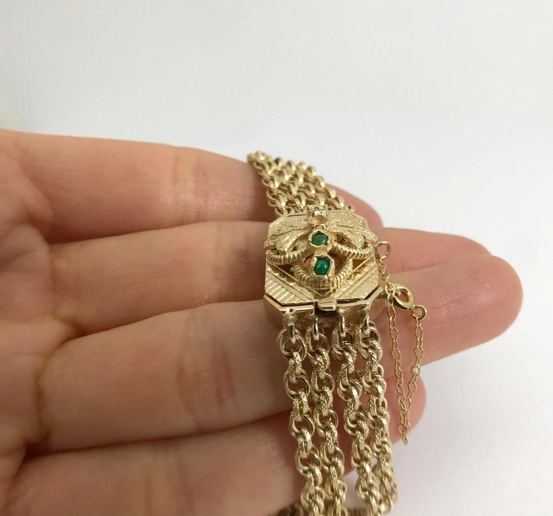 Vintage 1940's Jade Pendant Multi-Strand Chain Bracelet 14K Yellow Gold 23.96 Gr - 4