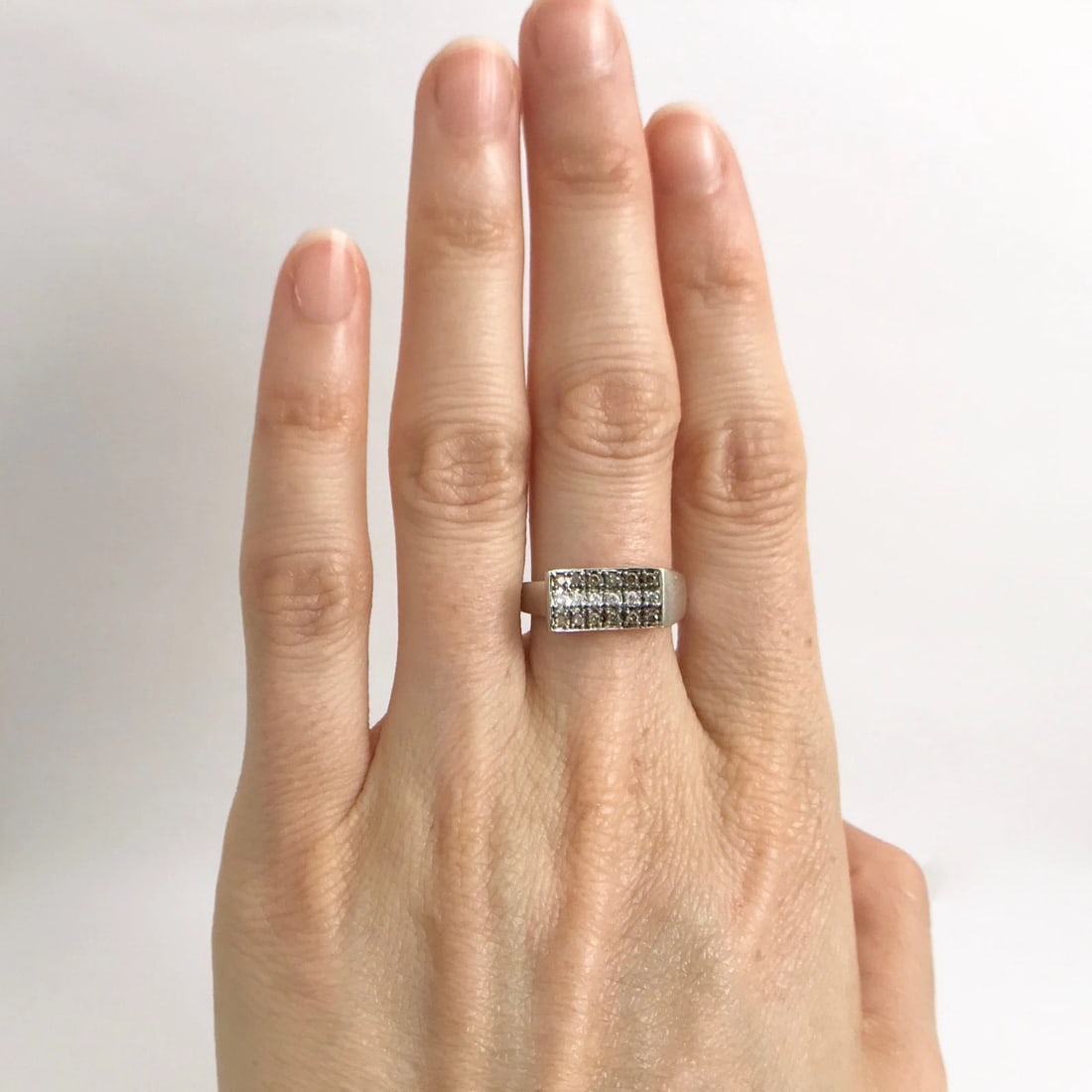 Vintage Brown Cognac White Diamond Concave Flat Top Ring 14K White Gold, 2.7 Gr - 2