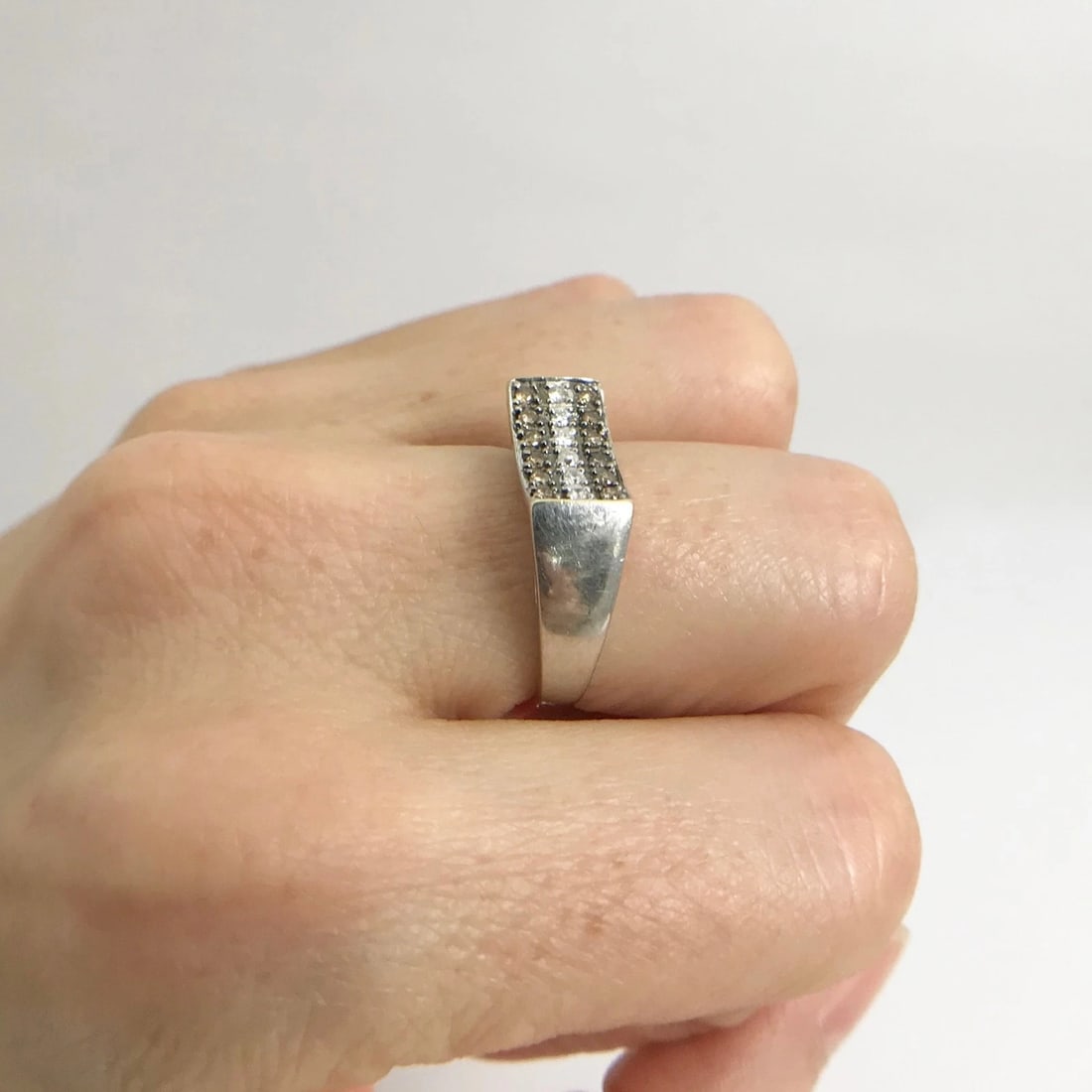 Vintage Brown Cognac White Diamond Concave Flat Top Ring 14K White Gold, 2.7 Gr - 5