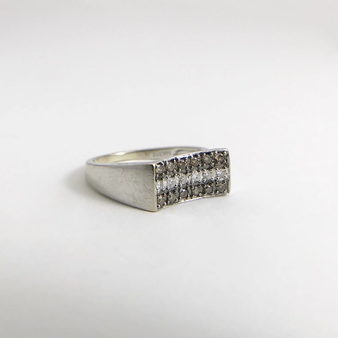 Vintage Brown Cognac White Diamond Concave Flat Top Ring 14K White Gold, 2.7 Gr - 7