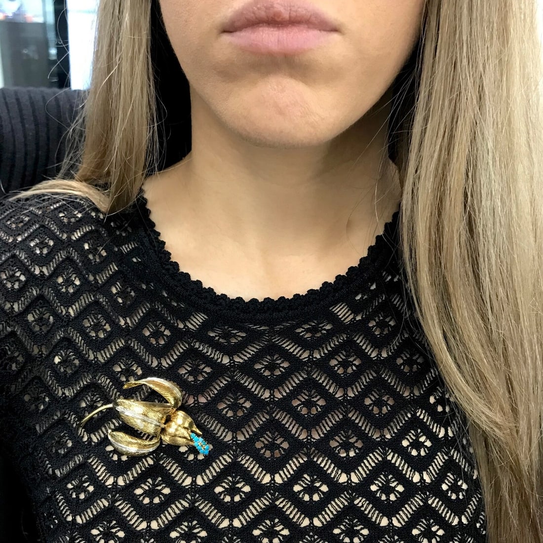 Vintage 1950's Turquoise Flower Brooch Pin in 18K Yellow Gold, 19 Grams - 5