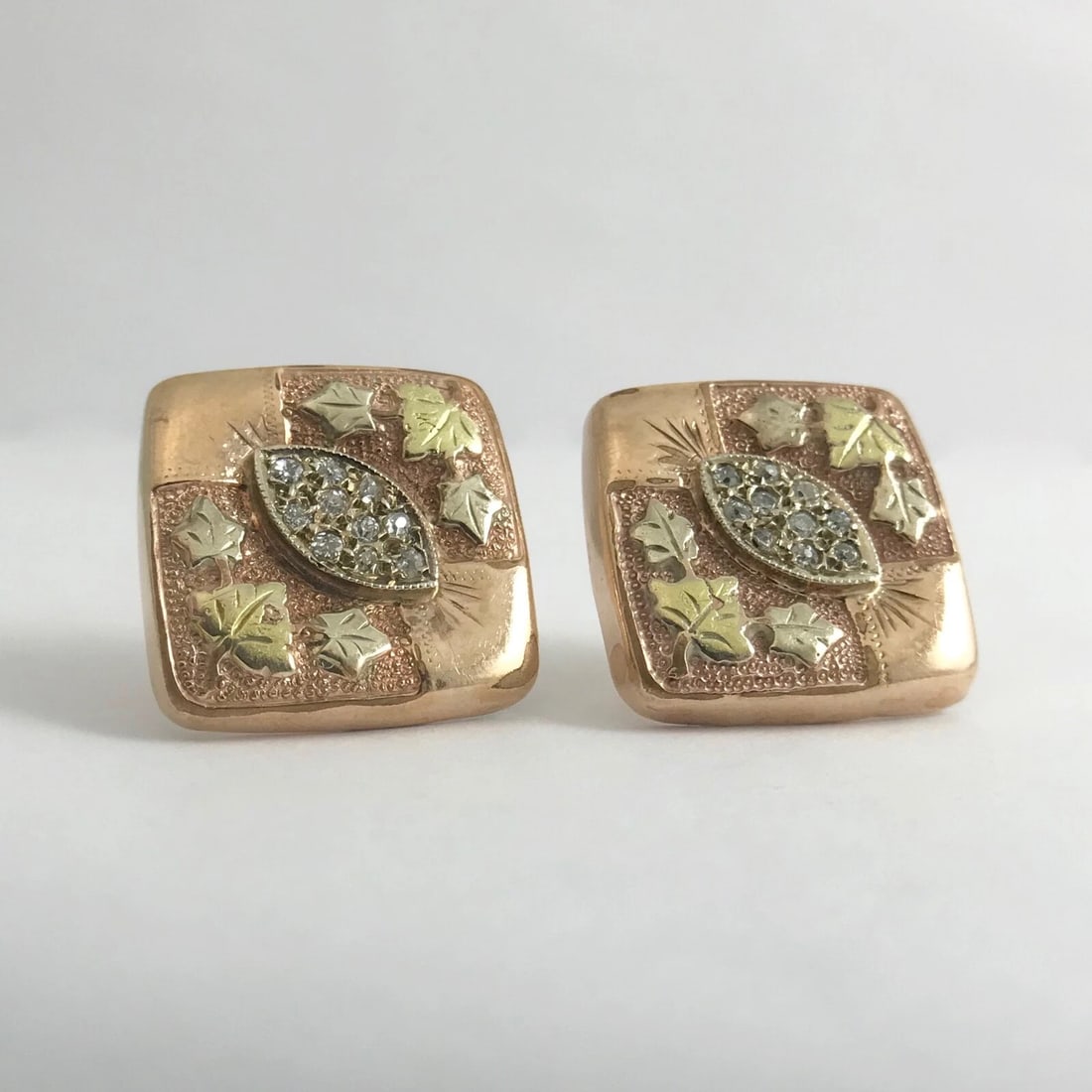 Vintage 1950's Diamond Leaf Square Button Stud Earrings 10K Rose Gold, 9.51 Gram - 12