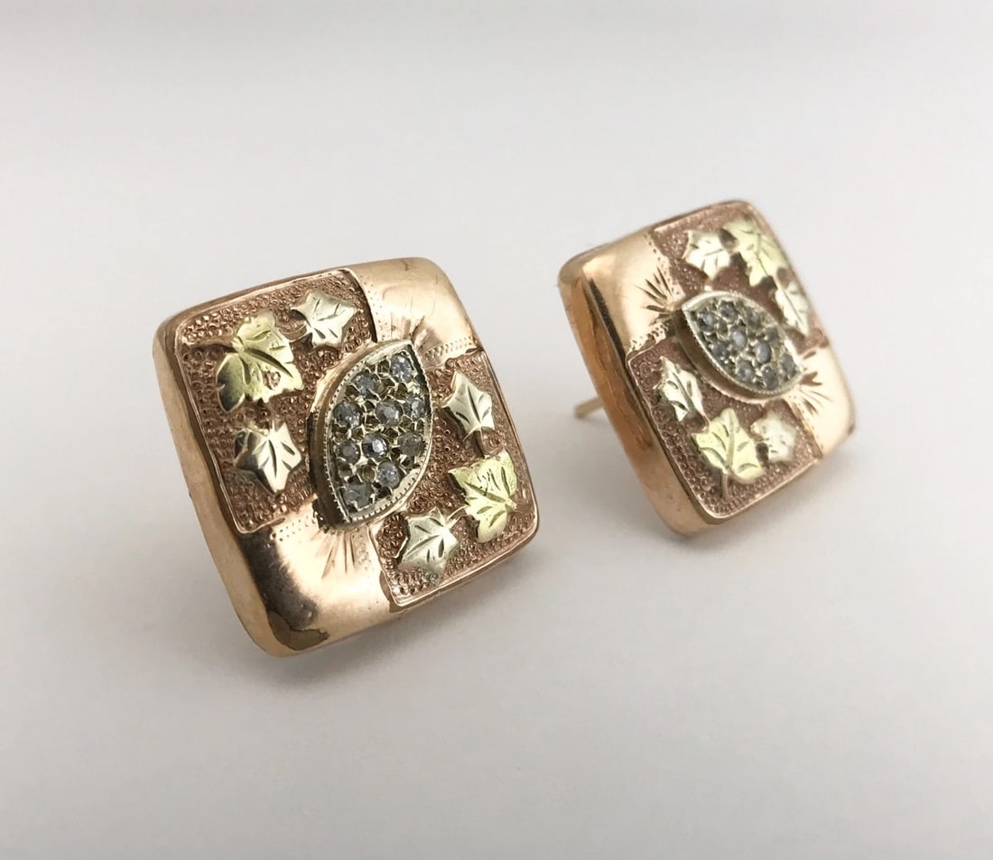 Vintage 1950's Diamond Leaf Square Button Stud Earrings 10K Rose Gold, 9.51 Gram - 7