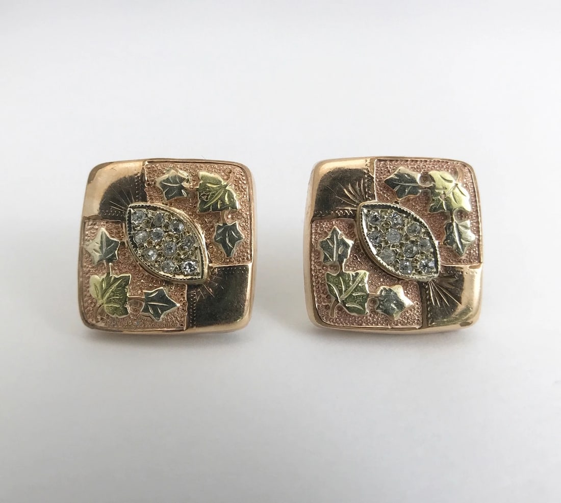 Vintage 1950's Diamond Leaf Square Button Stud Earrings 10K Rose Gold, 9.51 Gram - 9