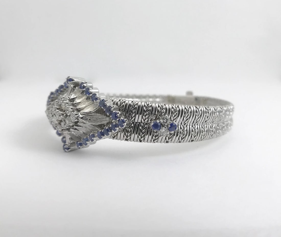 Vintage Blue Sapphire Diamond Geometric Cluster Bracelet 18K White Gold, 32.3 Gr - 10