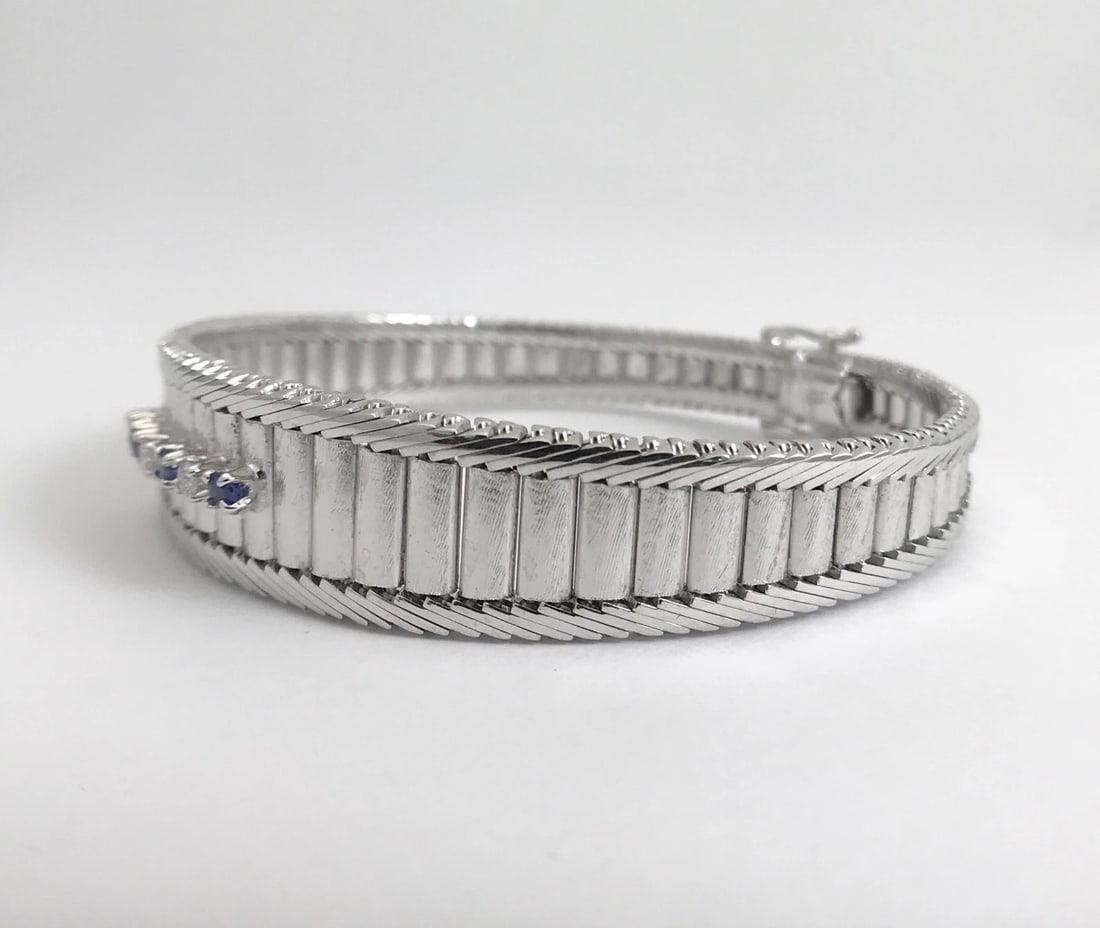 Vintage Blue Sapphire Diamond Wide Flex Bracelet 14K White Gold, 32.22 Grams - 11