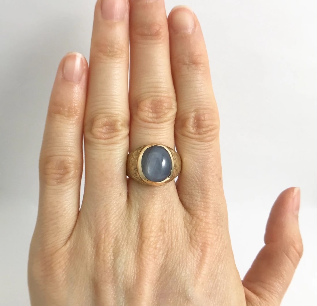 Vintage 1960's Handmade Oval Star Sapphire Ring 14K Yellow Gold, 11.95 Grams - 2