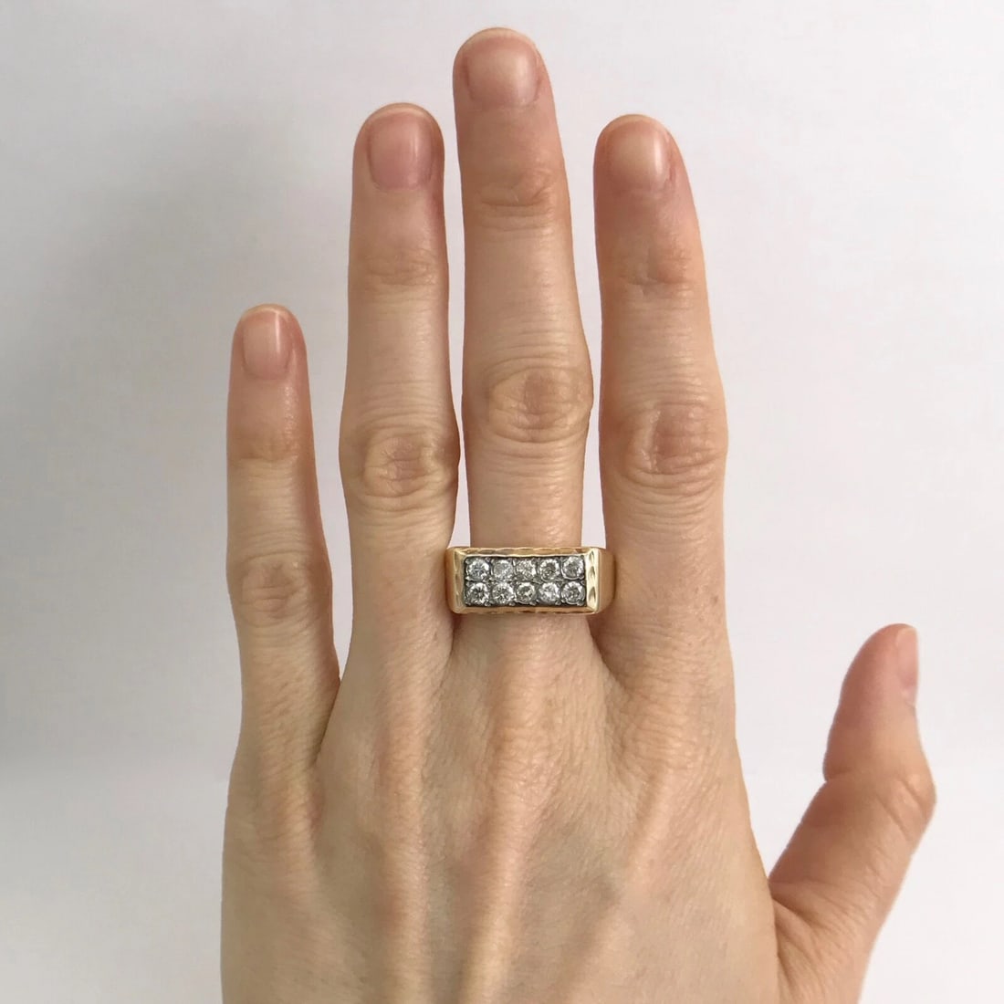 Vintage Men's Two-Row Pave Diamond Flat Top Ring 14K Yellow Gold, 10.6 Grams - 2