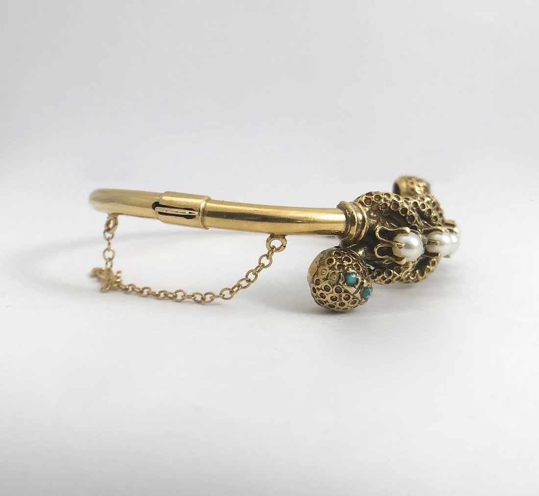 Victorian Revival Pearl Turquoise Bangle Bracelet 14K Yellow Gold, 20.39 Gr - 8