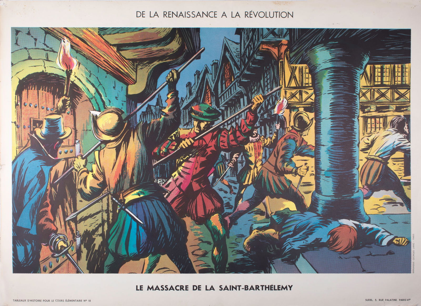 Vintage History french School Poster, Georges Lang 18 and 22 circa 1950: Title: Vintage History french School Poster, Georges Lang 18 and 22 circa 1950 Description: Original educational history poster for elementary school, printed by the Imprimerie Georges Lang. Carries a