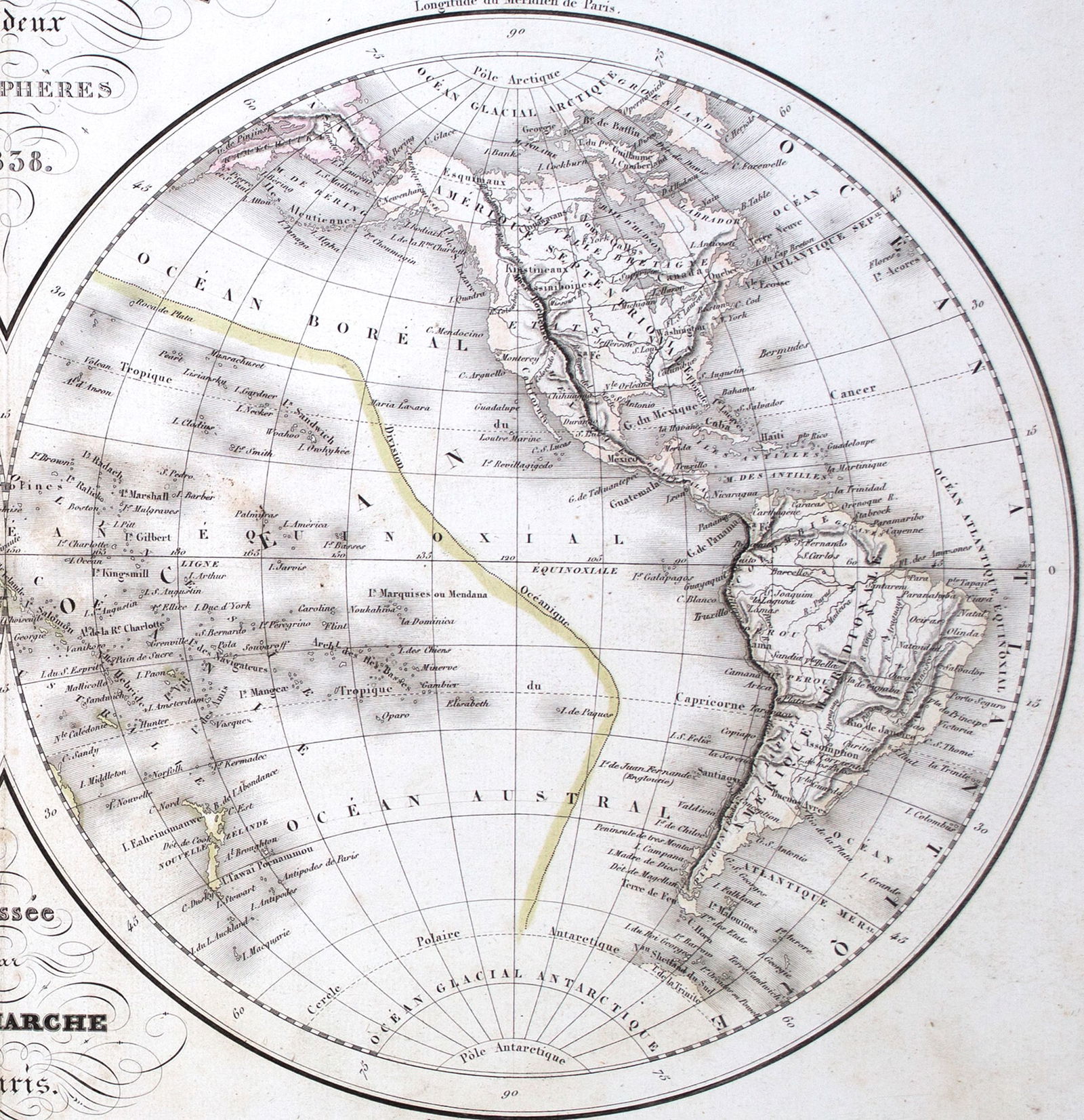 Antique Felix Delamarche Vaugondy Mappemonde Double hemisphere world map 1838 - 2