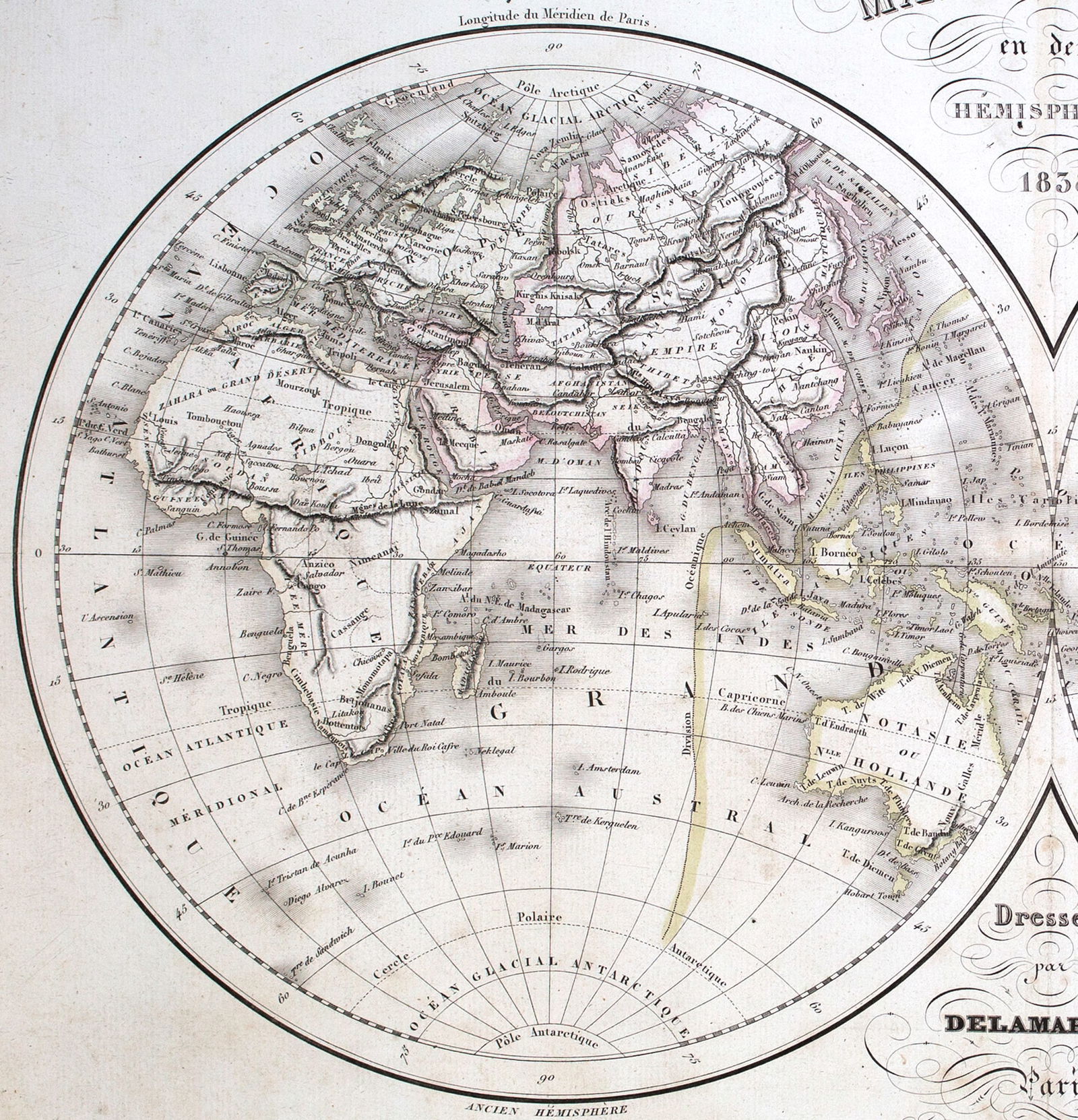 Antique Felix Delamarche Vaugondy Mappemonde Double hemisphere world map 1838 - 3