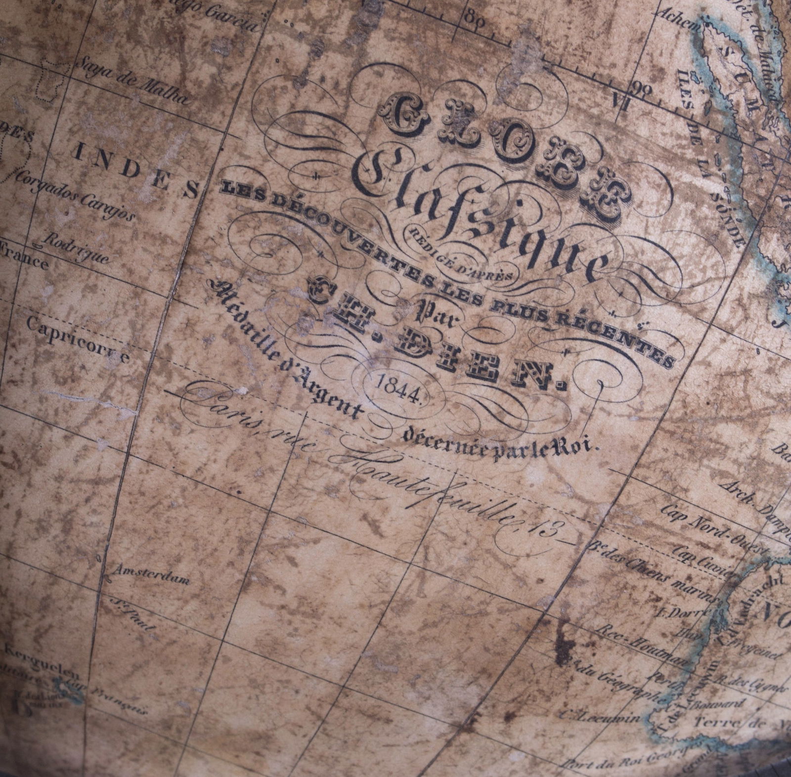 1844 Charles Dien 10" FRENCH TERRESTRIAL GLOBE ANTIQUE BRASS MERIDIEN - 3