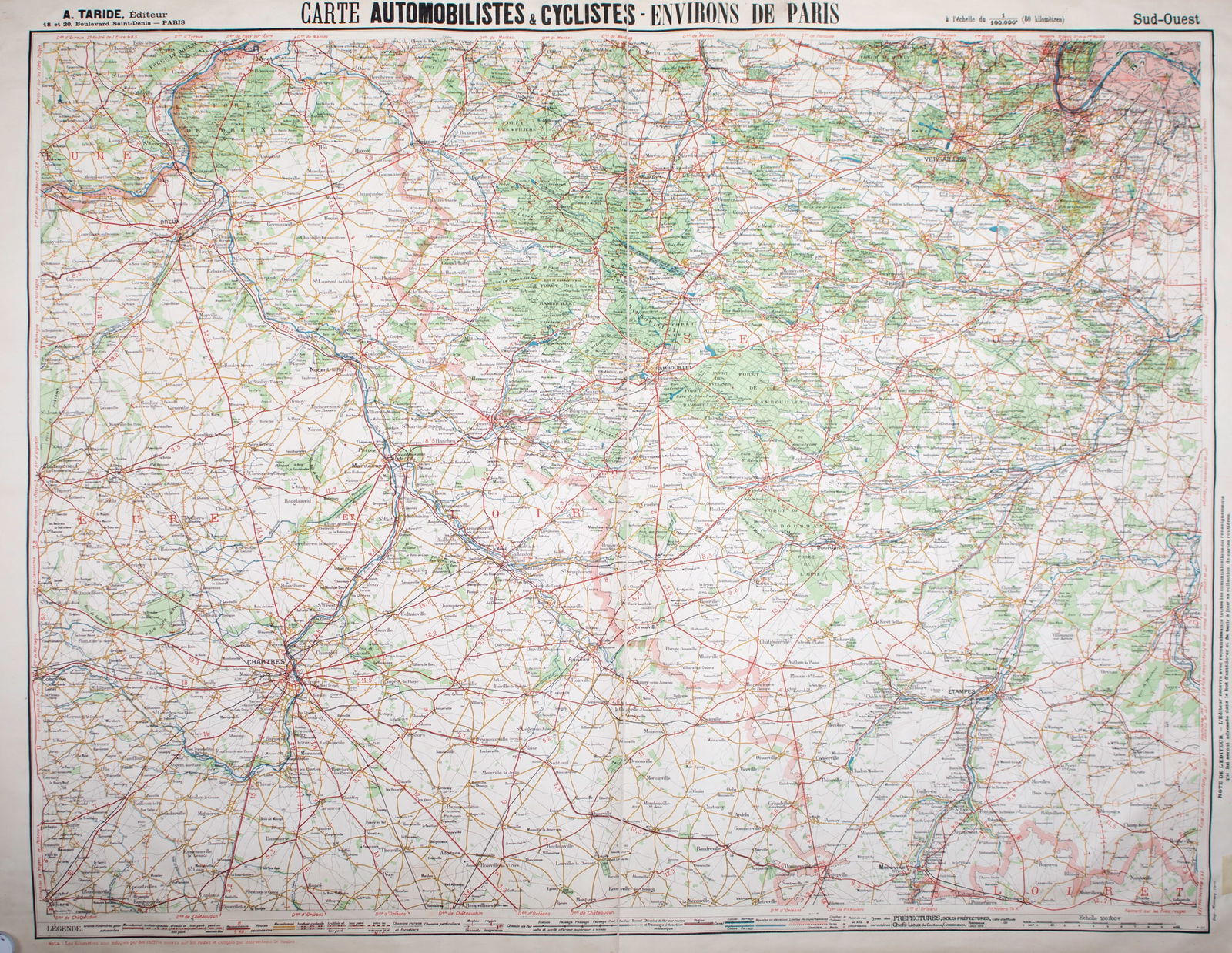 Environs de Paris Bike and car Taride South West 50 miles 1/10000: Title: Environs de Paris Bike and car Taride South West 50 miles 1/10000 Description: Taride South West road map of Paris and its surrounding within 50 miles ( 80kilometres ) at 1/100 000 scale from