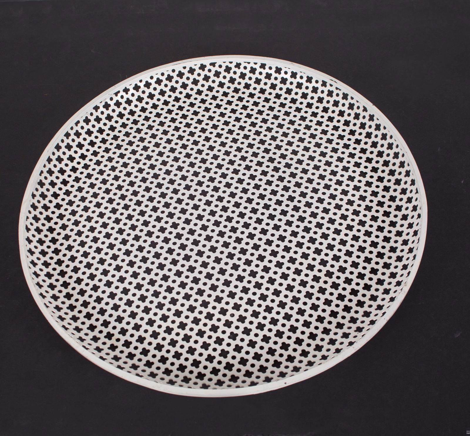 Large Mategot mid century round Tray rigitulle with stamped trim: Title: Large Mategot mid century round Tray rigitulle with stamped trim Description: FRENCH MODERNIST serving tray MATEGOT Mid century French modernist serving tray made in the 1950's by Mathieu