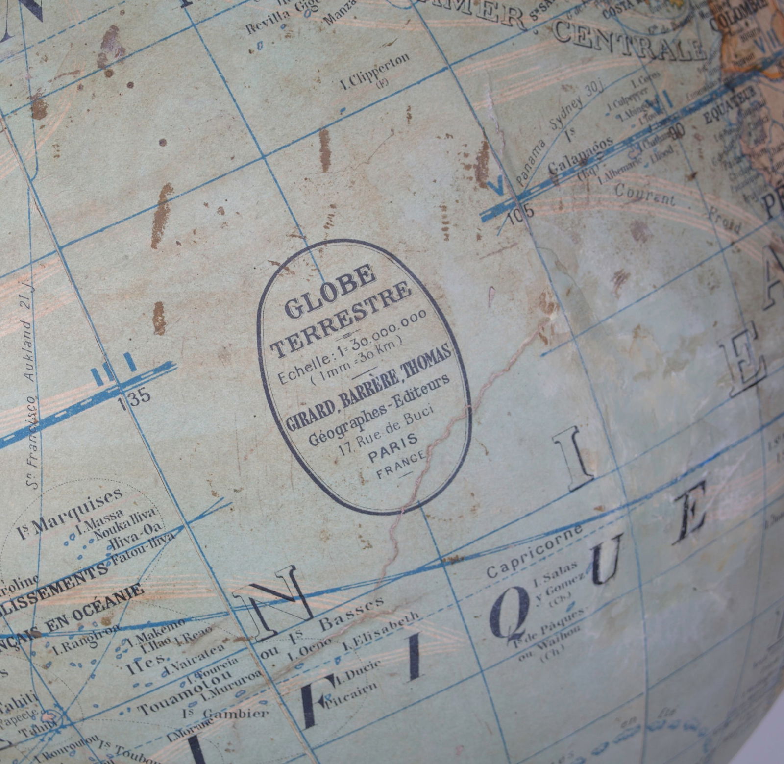 French 17" Girard Barrere et Thomas antique terrestrial globe 17 inches - 5